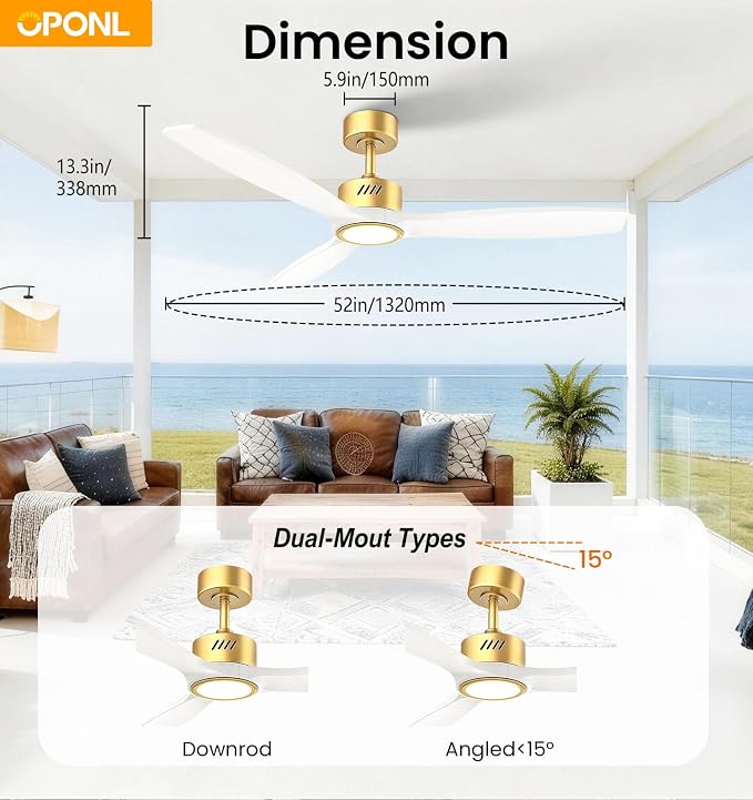 OPONL Ceiling Fan with Light, Ceiling fan with Light and Remote Control, Reversible, 6CCT, Dimmable, Noiseless, Ceiling Fan for Bedroom, Indoor/Outdoor Use, White, 52 inch, Wood