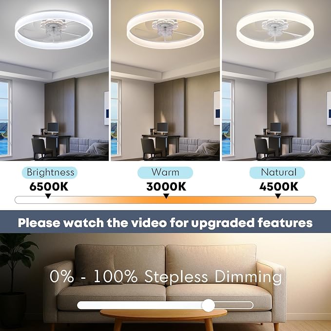 FSZDORJ 20'' Ceiling Fan with Light and Remote, Low Profile Ceiling Fan with Light, Dimmable Flush Mount Ceiling Fan Light, 6 Speeds Fan, App&Remote Control, Fandelier Quiet Fan for Bedroom F116 White