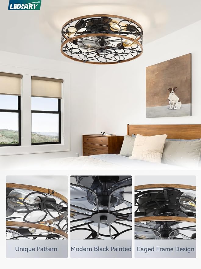 LEDIARY 20 Inch Caged Ceiling Fans with Lights, Farmhouse Flush Mount Ceiling Fan with Remote, Black&Walnut Low Profile Ceiling Fan Light Fixture for Bedroom, Kitchen, Dining Room