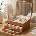 Jewelry Box Organizer with Glass Lid, 3-Layer with Double Drawers, Luxury Velvet Lined Desktop Display Case for Earrings Rings Necklaces, Gift for Women Girls (Brown)
