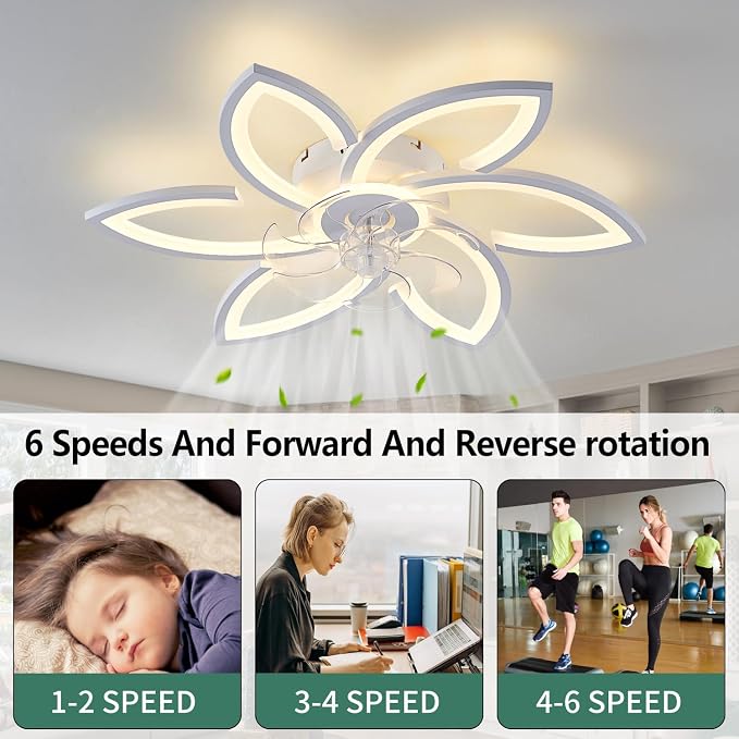 Flower Modern Ceiling Fans with Lights, Low Profile Ceiling Fan with Remote for Bedroom, Flush Mount Ceiling Fan with LED Dimmable Light,3-Colors, 6-Speeds, Timing CeilingFan Lights-White