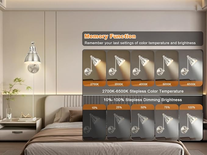 GOODATE 1 Pack Plug in Wall Sconce with Remote Control, Dimming, Adjustable Colors 2700K-6500K, Plug in Wall Light, Swing Arm Wall Lamp with Night Light & Timer, LED Bulb Included, Brushed Nickel