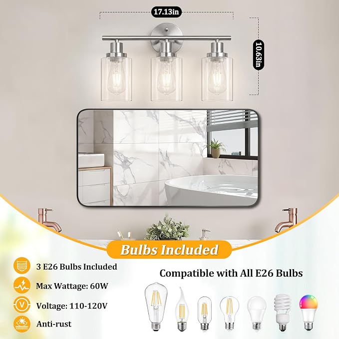 Unicozin Modern Bathroom Light Fixtures, 3 Light Vanity Lights with E26 Bulbs, Brushed Nickel Wall Lamp with Clear Glass for Mirror Living Room Hallway Cabinet Porch