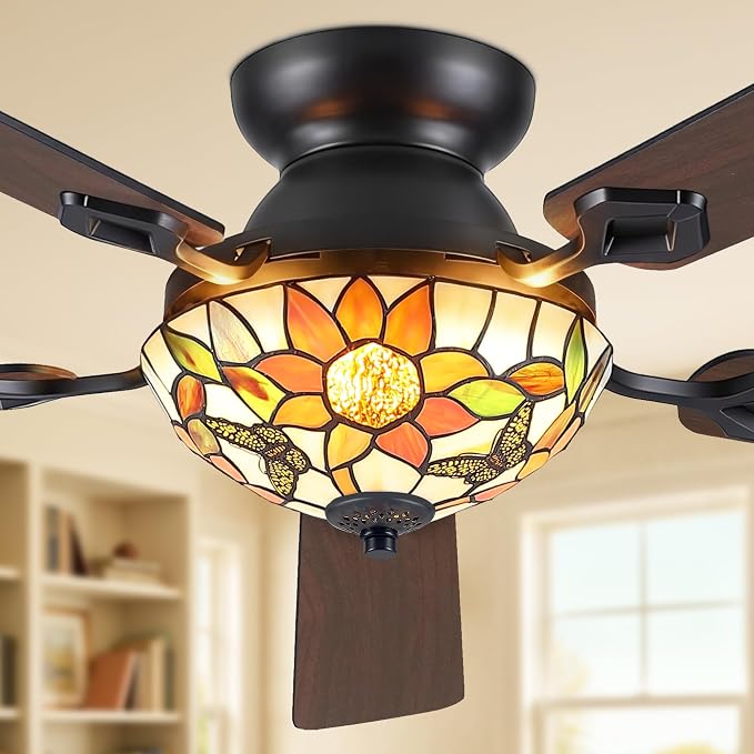 Fanbulous 52" Tiffany Sunflower Ceiling Fan, Dimmable Stepless Color LED