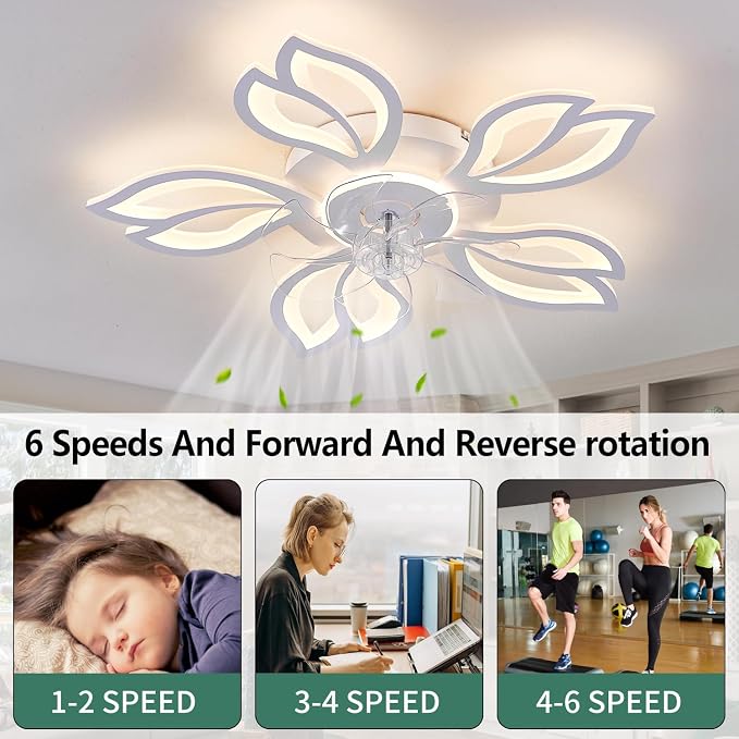 Modern Ceiling Fans with Lights, Low Profile Ceiling Fan with Remote for Bedroom, Flush Mount Ceiling Fan with LED Dimmable Light,3-Colors, 6-Speeds, Timing CeilingFan Light-White Leaves