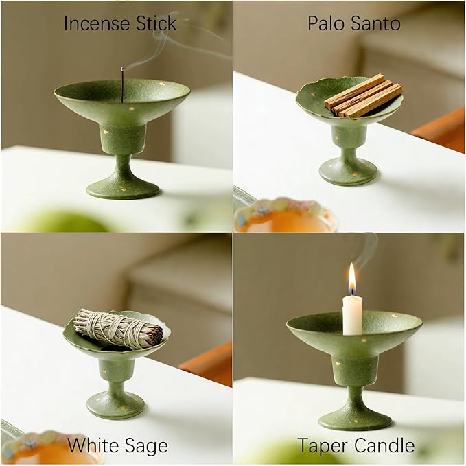 Hermit Life Incense Stick Holder with Fresh Lime-Green Glaze, Ceramic Incense Burner with Ash Catcher, Candlestick Holder for Table Décor (Round Rim)