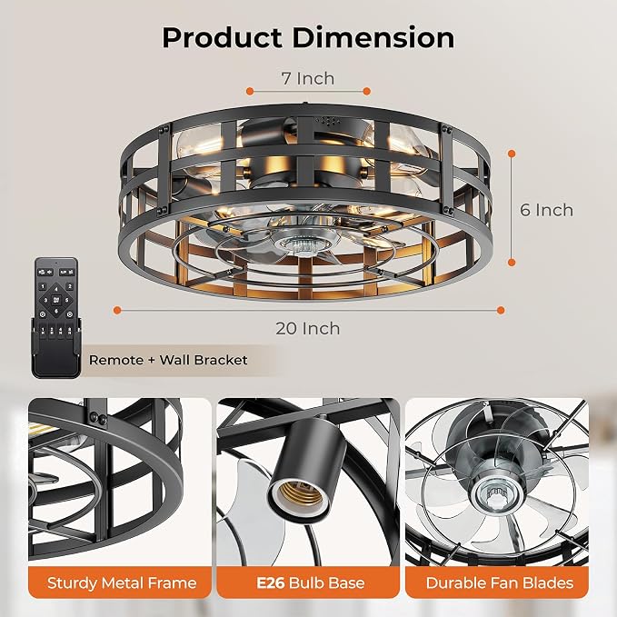 Black 20" Caged Ceiling Fan with Light and Remote, Farmhouse Low Profile Flush Mount Fandelier, Bladeless Ceiling Fans 6 Speeds Reversible, Fan Light Fixture for Bedroom, Living Room, Kitchen