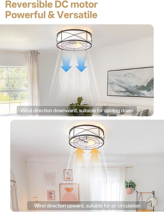 Black Flush Mount Farmhouse Ceiling Fan with Lights, 20" Caged Rustic Ceiling Fans with Light and Remote, Enclosed with 6 Speeds for Living Room, Bedroom, Nursery