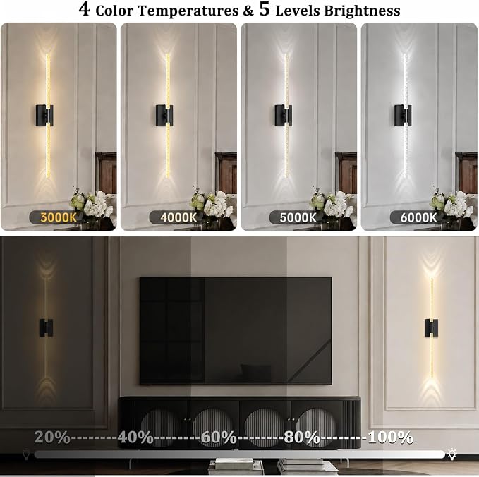 iThird Crystal Bubble Wall Sconces Set of 2: 10000mAh Rechargeable Wireless Lights with Remote & 360° Rotate, 4 Color Temps Dimmable, 31.5" Wall Lamp for Bedroom Living Room Mirror, Black