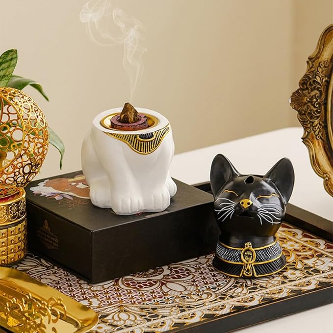Egyptian Cat Statue Incense Burner, Vintage Resin Meditating Cat Incense Cone Holder, Home Office Aromatherapy Decor for Zen Yoga Spa (Black White)