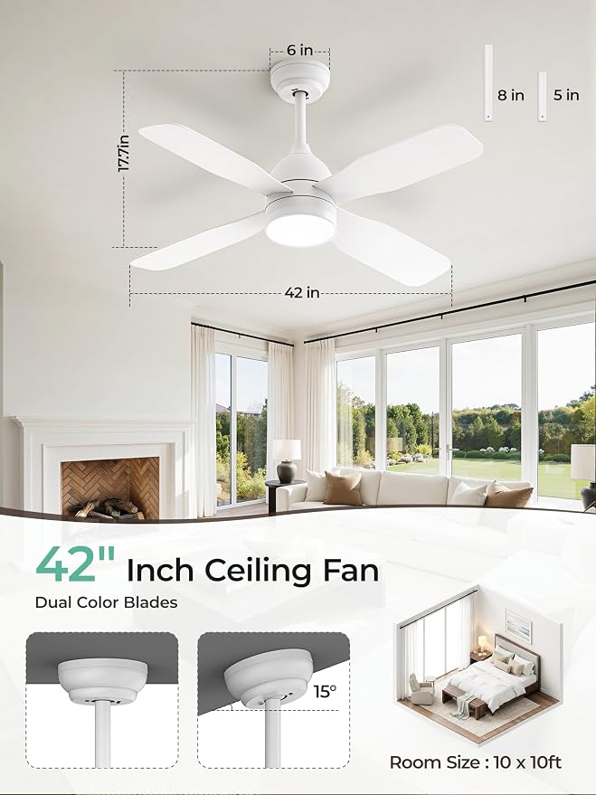 42 Inch Ceiling Fans with Lights: Ceiling Fan with 4 Dual Sided Fan Blades, Remote and App Control, 6 Wind Speed, Reversible DC Motor, 3CCT Dimmable LED, Small White Ceiling Fan for Bedroom