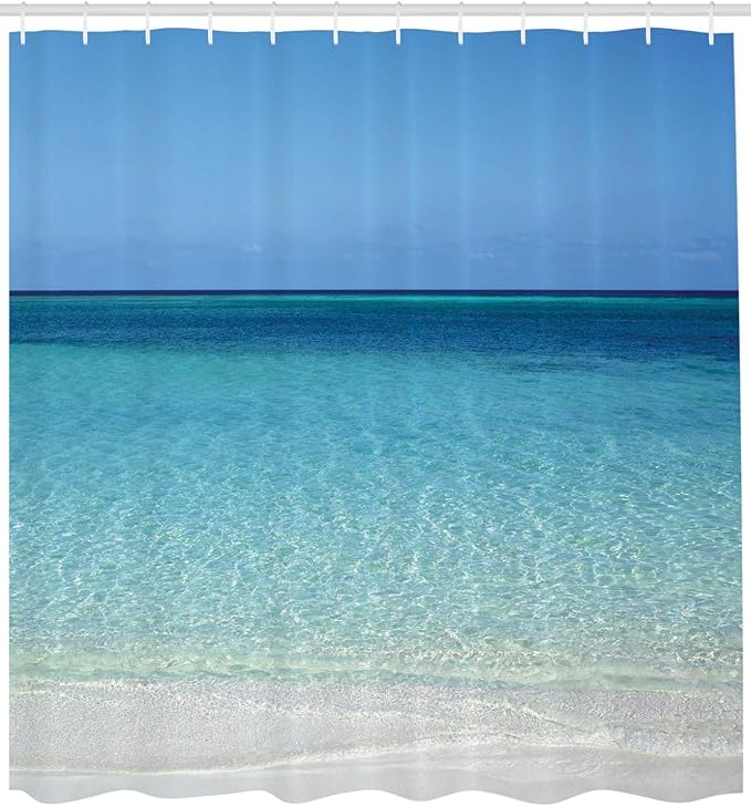 Ambesonne Ocean Shower Curtain, Clear Water at Beach in Atlantic Sea Cuba Coasts with Sky Scenery Art, Cloth Fabric Bathroom Decor Set with Hooks, 69" W x 70" L, Cream Turquoise