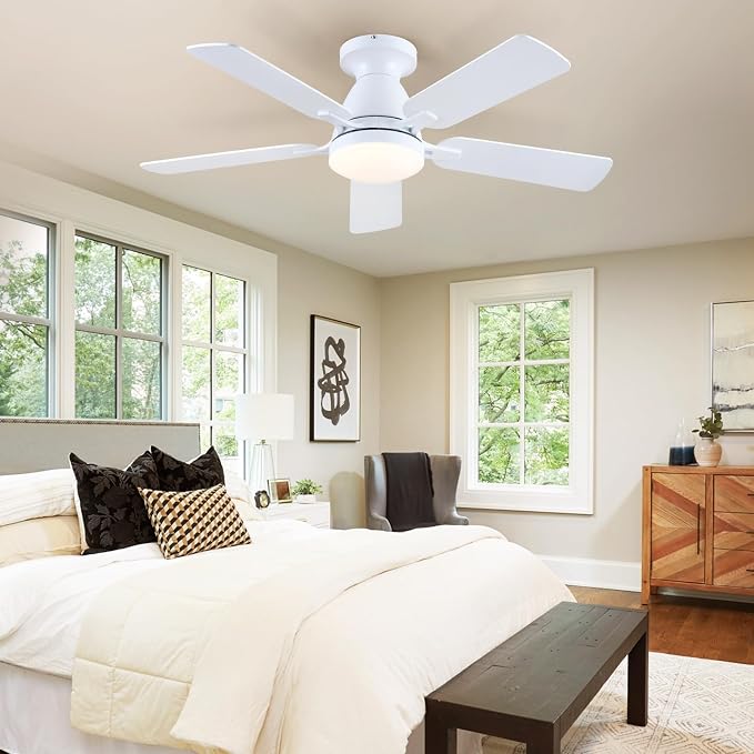 46 Inch Ceiling Fans with Lights and Remote, Flush Mount, White | Low Profile, Dimmable LED, Reversible, Quiet DC Motor, Wooden Blades, for Modern Apartment Bedroom Home Office Living Room