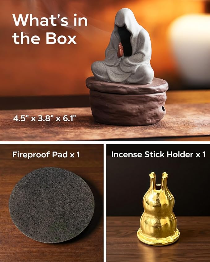 Ceramic Incense Burner for Cone & Coil – Faceless Buddha Statue for Protection & Zen Meditation, Home Decor to Ward Off Negativity, Grey