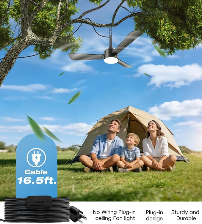 36 inch Plug-in Ceiling Fan Light with Remote Control,gazebo fan light,3 Blade, Dimmable 3CCT LED, Reversible,Portable Hook Design with16ft Cable for Bedroom Garage Tent Porch Kitchen