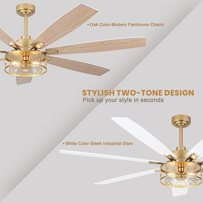 Dawn Whisper 72 Inch Large Ceiling Fans with Lights Modern White Gold Farmhouse Ceiling Fan for Living Room Bedroom 6 Speed Reversible Quiet DC Motor