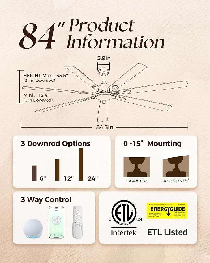 84 Inch Smart Ceiling Fan with Lights,High Airflow Large Fan for Big Room | ETL-listed with Quiet DC Motor,Alexa/APP Controls,Up to 10117CFM High Airflow,Timer,Dual Finish 7 Blades for Outdoor Covered