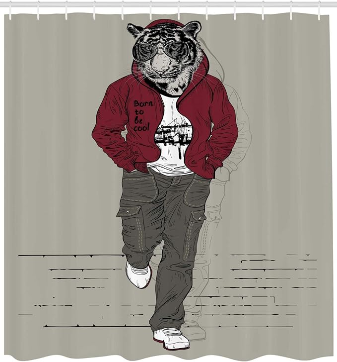 Ambesonne Modern Shower Curtain, Hipster Tiger in Sportswear Taking a Walk Adaptation to Urban City Theme, Cloth Fabric Bathroom Decor Set with Hooks, 69" W x 75" L, Ruby Sage Green Black