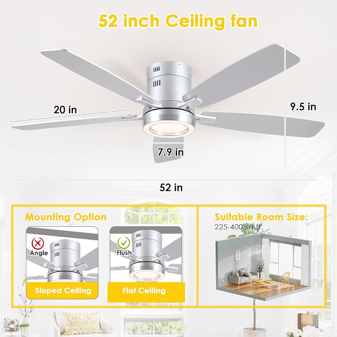 52 Inch Modern Ceiling Fans with Lights Flush Mount Indoor, Silver | Low Profile, Dimmable LED, Reversible, Quiet DC Motor, Wooden Blades, for Modern Apartment Bedroom Home Office Living Room