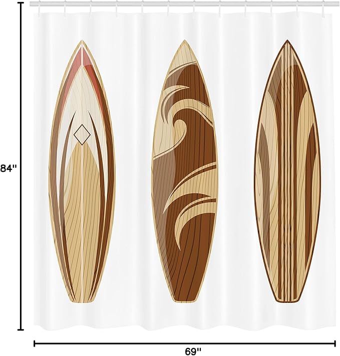 Ambesonne Surfboard Shower Curtain, Surfing Themed Adventurous Woodsy Earthy Color Natural Pattern Remote Shore Illustration, Cloth Fabric Bathroom Decor Set with Hooks, 69" W x 84" L, Brown Caramel