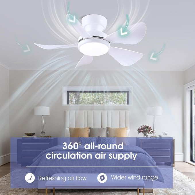 Kviflon 32 Inch Modern Ceiling Fans with Lights, Small Flush Mount Ceiling Fan with Light Remote Control, 5 Reversible 6 Speeds Curved Blades, 3 CCT Dimmable Lights for Bedroom Kids Room, White