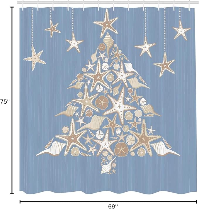 Ambesonne Christmas Shower Curtain, Nautical Elements Sea Life Theme with Noel Tree Winter Season, Cloth Fabric Bathroom Decor Set with Hooks, 69" W x 75" L, Beige Cream
