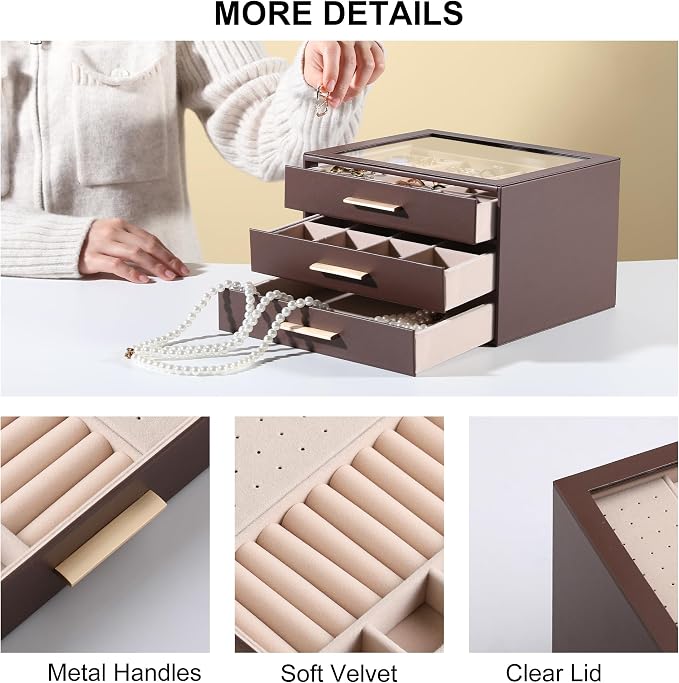 Frebeauty Jewelry Box for Women,Clear Lid Jewelry Organizer with 3 Drawers | Faux Leather,Velvet Lining,3 Layers,Jewelry Storage for Ring Earring Stud,Dustproof Design,Gift Choice,Golden Stylish Handle