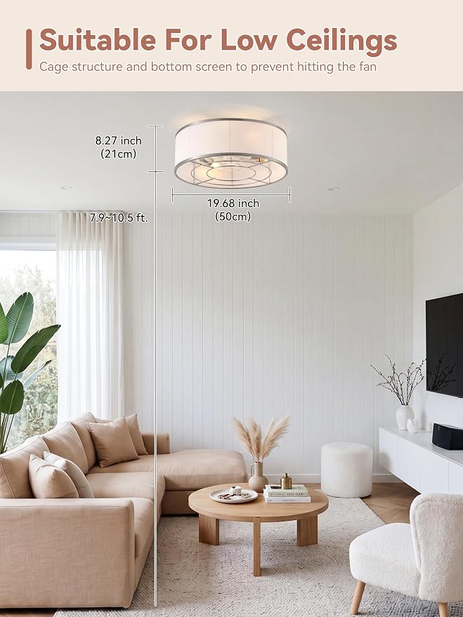 Low Profile Ceiling Fans with Lights, 20" Silver Boho Ceiling Fan with Light Flush Mount and Remote Control, Drum Caged with 6 Speeds for Bedroom, Nursery, Living Room