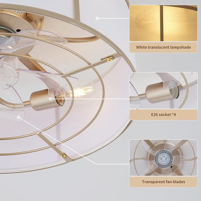 hummingbird 20inch Low Profile Caged Ceiling Fans with Lights, Flush Mount Ceiling Fan with Lights and Remote, Bladeless Modern Enclosed with 6 Speeds for Bedroom, Kitchen, Gold