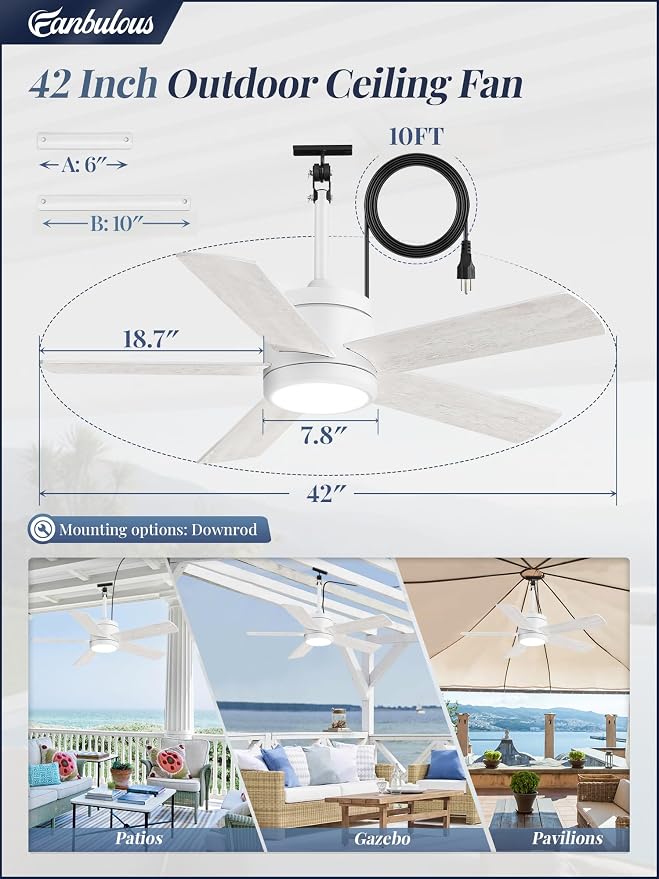 Fanbulous 42" Outdoor Ceiling Fan with Light and Remote, IP65 Waterproof, Plug-in Design with 10FT Cord, 6-Speeds, 3CCT, Hook Hanging Fan for Gazebo Patio Porch Garage Canopy(White)