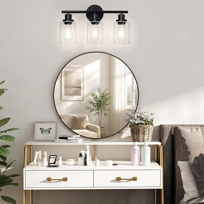 Unicozin Modern Bathroom Light Fixtures, 3 Light Vanity Lights with E26 Bulbs, Black Wall Lamp with Clear Glass for Mirror Living Room Hallway Cabinet Porch