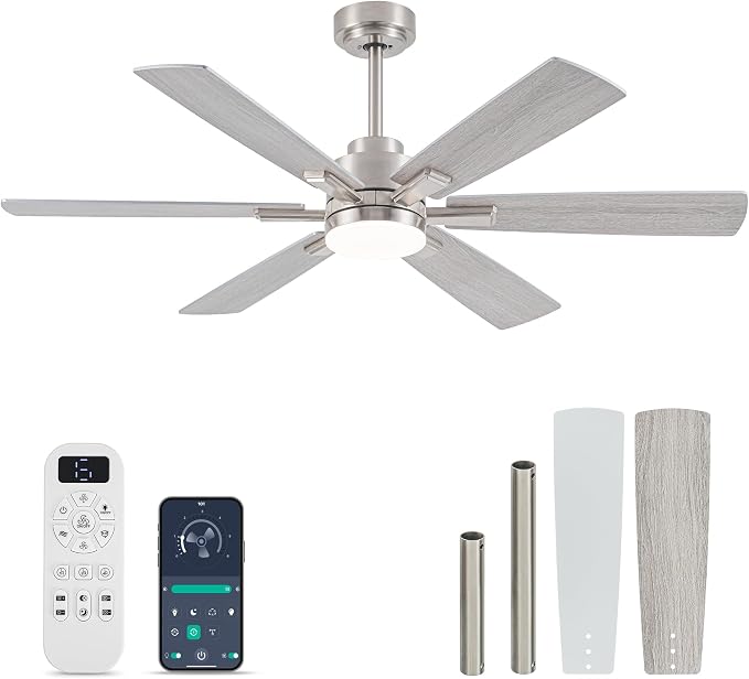 OURSTAR Ceiling Fans with Lights and Remote Control, Brushed Nickel Ceiling Fan with Light 3-Color Dimmable, Memory for Lighting and Fan Reversible, 6-Speed, Timer, Indoor/Outdoor Use, 52 Inch