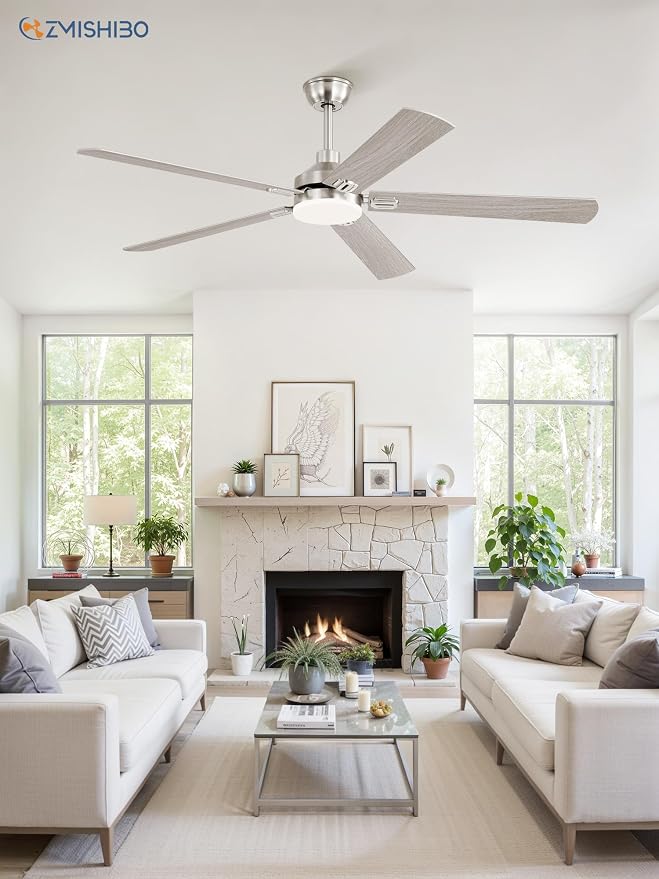 ZMISHIBO 60" Ceiling Fans with Lights, Nickel Modern Ceiling Fan with Remote, Bedroom Indoor Ceiling Fan with Dual Finish Blades, Quiet & Strong Motor, Bright LED Light