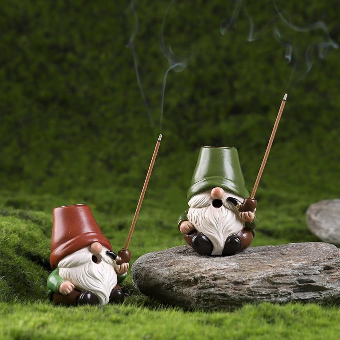 Gnome Incense Holder for Sticks and Incense Cone Holder, Resin Mini Gnomes Figurines Incense Stick Holder, Cute Incense Burner for Yoga Meditation Home Office Decor,Gnome Gifts for Women (Green)