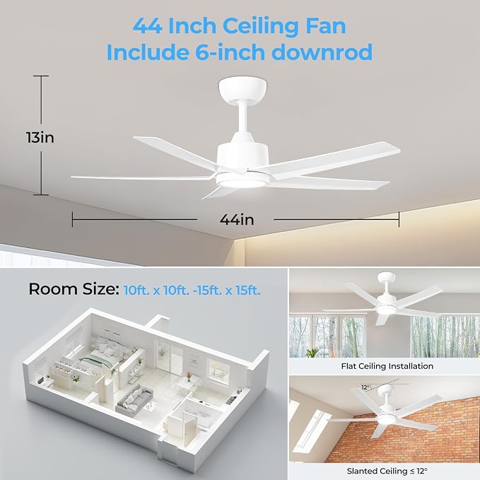 ocioc 44" Ceiling Fans with Lights,White Ceiling Fan with Light and Remote,Reversible Airflow,6 Speeds,Timer,Dimmable,Modern Ceiling Fan for Bedroom,Patios Indoor/Covered Outdoor Use