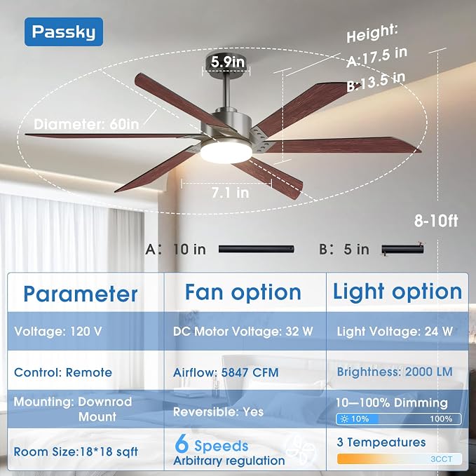 Passky Ceiling Fans with Lights, 60 inch Ceiling Fan with Light and Remote Control, 3CCT, Dimmable, Reversible, Noiseless, Black Contemporary Ceiling Fan for Bedroom, Living Room