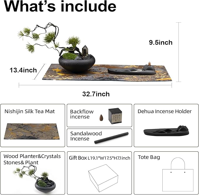 Pine Cloud Zen Décor Set – Feng Shui Bonsai Arrangement, Citrine & Black Tourmaline Crystals, Dehua Ceramic Incense Holder, Nishijin Silk Mat – Meditation & Healing Gift Set