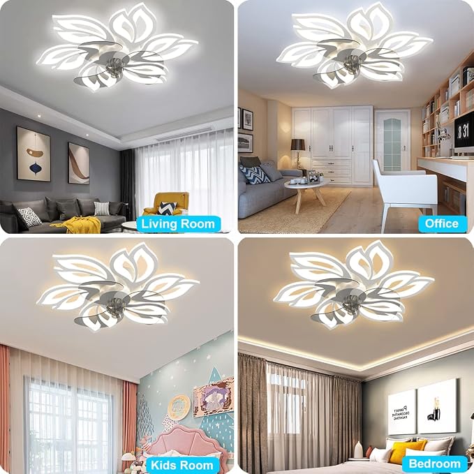 25.6" Bladeless Ceiling Fan with Lights Remote Control, Modern Low Profile Ceiling Fans with Lights Flush Mount, Dimmable 3 Color 6 Speeds LED Fan Lamp Indoor for Bedroom, Living Room -White