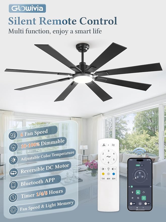 65 Inch Ceiling Fans with Lights and Remote&APP Control, Black Smart Ceiling Fan with 3000-6000K Dimmable, 6 Speeds Quiet Reversible Motor, Indoor/Outdoor Ceiling Fan for Living Room Bedroom