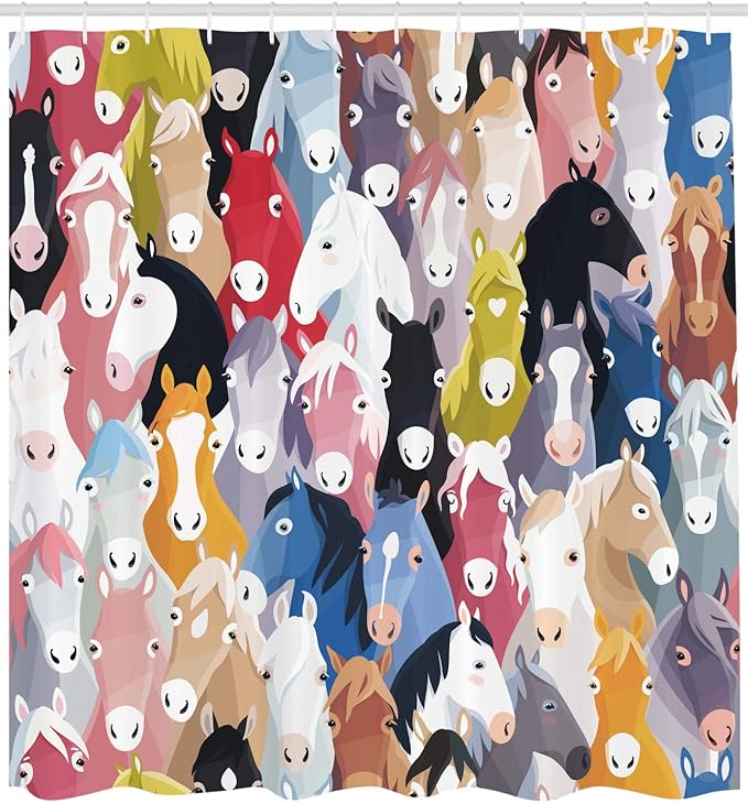 Ambesonne Abstract Shower Curtain, Pattern with Colorful Cartoon Style Horses Pony Childhood Theme Childish Artwork, Cloth Fabric Bathroom Decor Set with Hooks, 69" W x 84" L, Blue Green