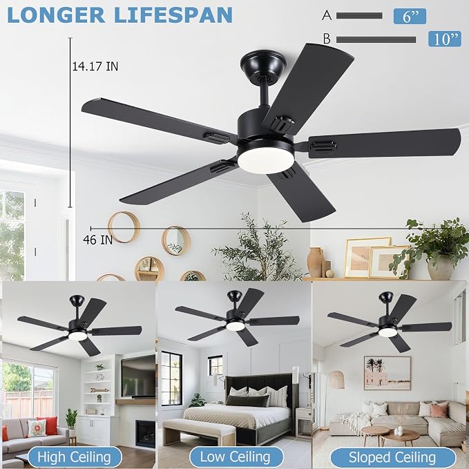 FUMLTP 46 inch Modern Ceiling Fans with Lights APP/Remote Control, Low Profile Reversible 6 Speeds Ceiling Fan Light for Indoor/Outdoor Patio Bedroom Living Room,Black
