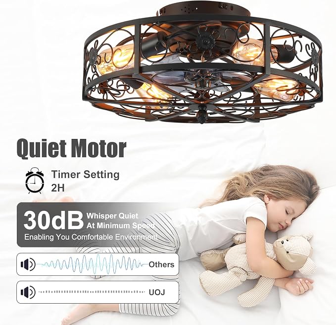 20'' Caged Ceiling Fan with Lights and Remote Control,Small Farmhouse Bladeless Low Profile Ceiling Fans Lights,Industrial Flush Mount Low Profile,Reversible Motor 6 Speeds for Bedroom,Living Room