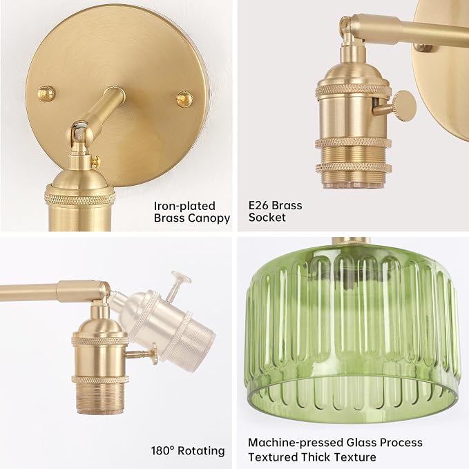 Shenmoyl Vintage Battery Operated Wall Sconce with Green Striped Glass Lampshade 5000 mAh Rechargeable Battery Powered Wall Light with Remote Control for Bedside Bedroom Doorway, Set of 2