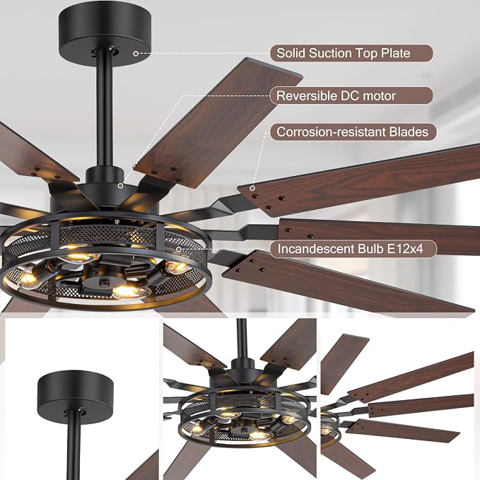 60 Inch Farmhouse Ceiling Fans with Rustic Lights, Caged Ceiling Fans with Remote, Industrial Ceiling Fan with Reversible DC Motor, Antique Downrod Mount Fan with Chandelier for Living Room Bedroom