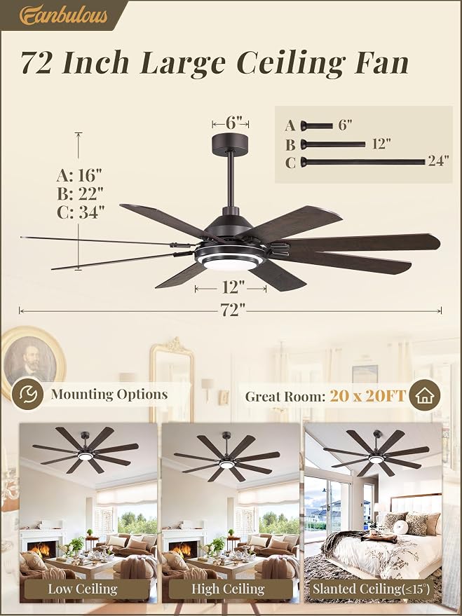 Fanbulous 72 Inch Ceiling Fans with Lights and Remote, Oil Bronze Ceiling Fan with 8 Dual-Color Blades, Indoor/Outdoor Large Ceiling Fans, Reversible DC Motor, 6-Speed, 3CCT for Living Porch Patio