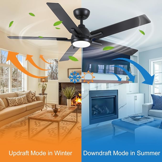 Sevenine 52 Inch Downrod Black Ceiling Fan with Light & Remote, ETL Listed | Easy Installation, 6 Speed, Quiet DC Motor, 3-Level Timer Function, 3 Color Temperature, Forward/Reserve For all Seasons