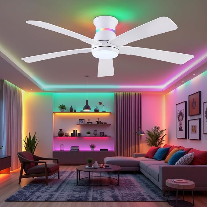 Surtime 52" White Ceiling Fans with RGB Lights - Flush Mount Ceiling Fan Light with LED 3CCT Dimmable, Modern Low Profile Ceiling Fans for Indoor Party,Covered Outdoor