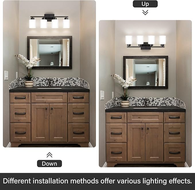 FonmYim Black Bathroom Light Fixtures, 4-Light Modern Vanity Light Over Mirror, Wall Sconces with Milky White Frosted Glass Shades, E26 Socket (Bulbs Not Included)