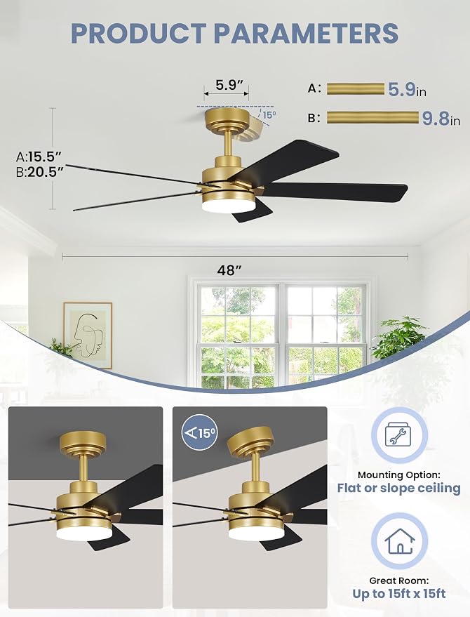 48 Inch Ceiling Fan with Lights and Remote, Downrod Mount, Sloped Ceiling Compatible up to 15°, Quiet Reversible DC Motor, 3CCT Dimmable LED, Gold Ceiling Fan for Bedroom Living Room