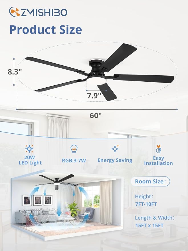 ZMISHIBO 60 Inch Ceiling Fans with RGB Lights, Low Profile Flush Mount Ceiling Fan with Alexa/App/Remote, Dimmable 20W LED Light, Black Modern Fan for Living Room, Bedroom, Game Room